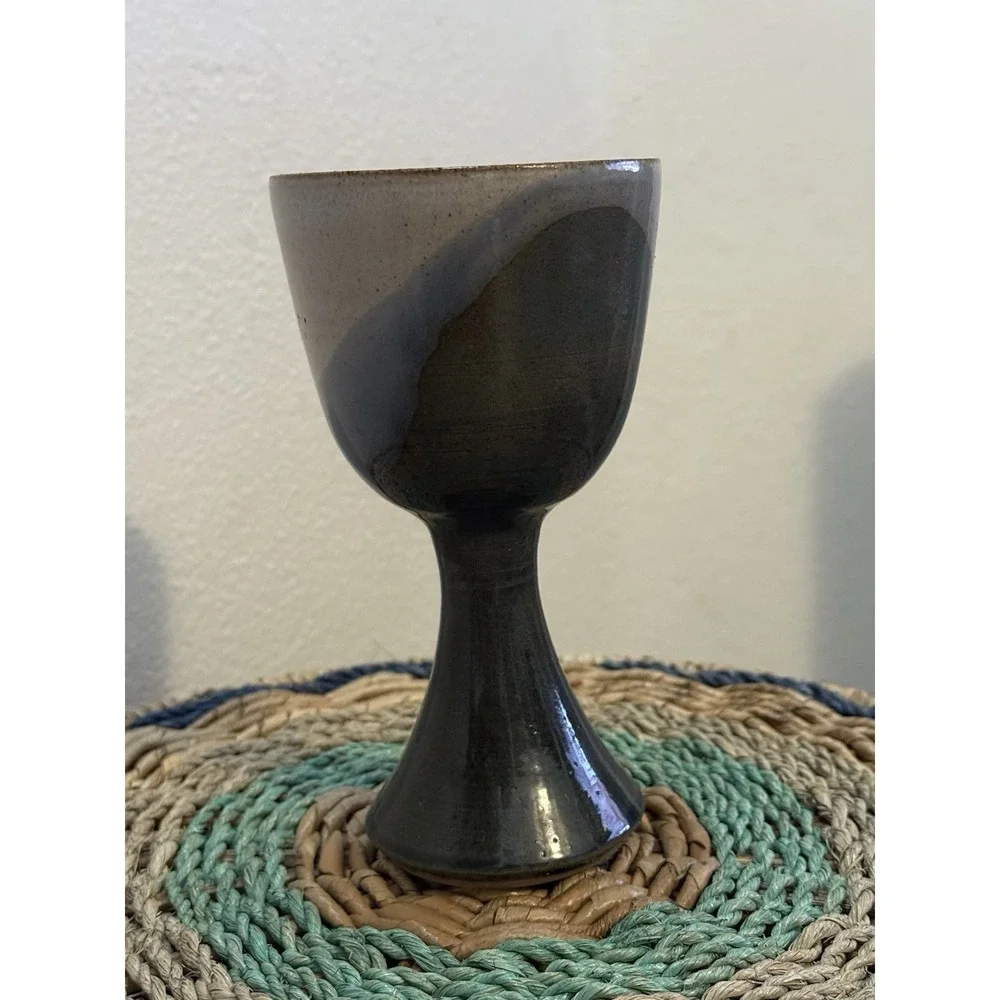 Artist Signed Handmade stoneware goblet Or chalice, drip glaze finish. 6.5